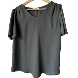Women's Zenana Gray Blouse top flared short sleeves butterfly v-neck S casual.